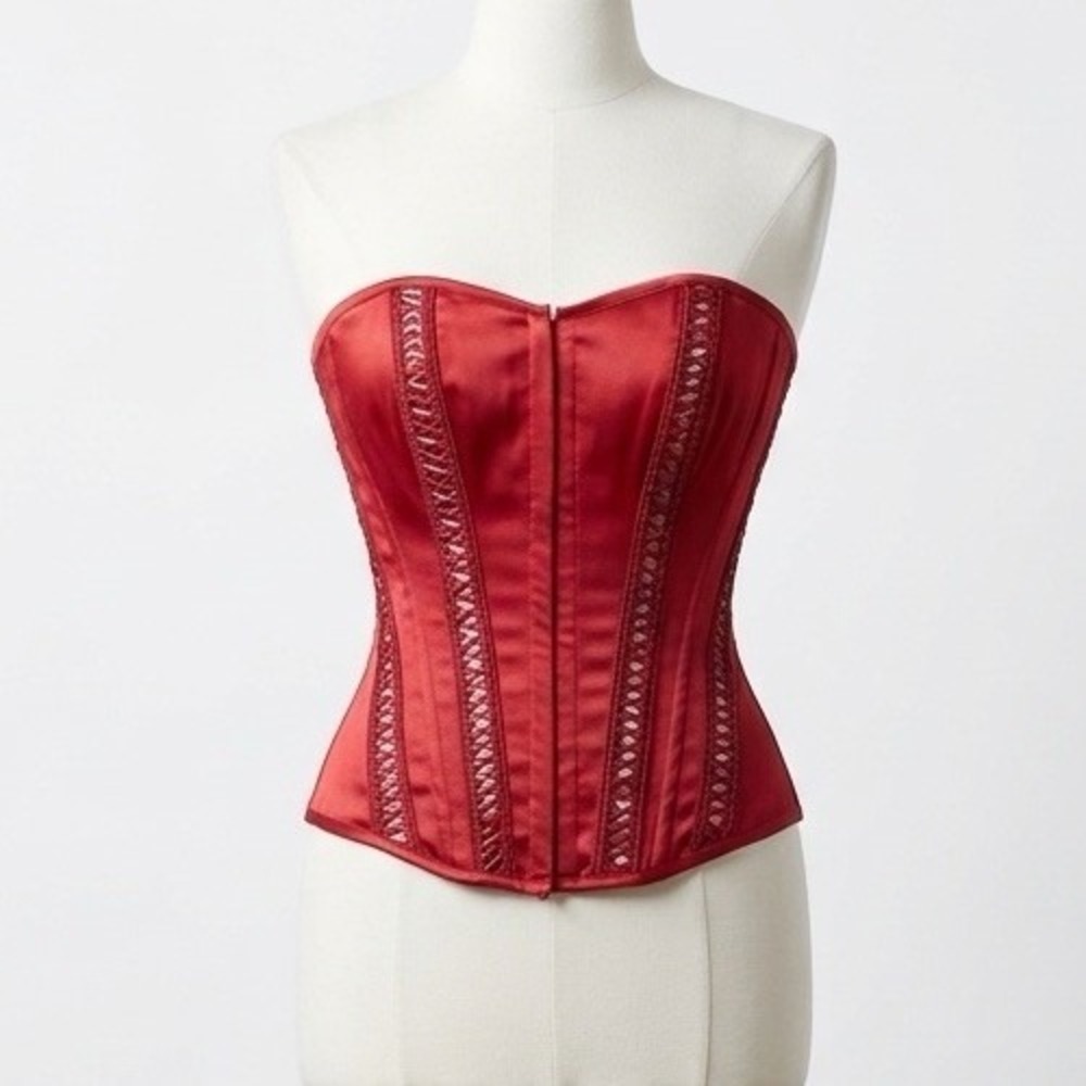 VTG Charlotte Russe S Blood Red Satin Lace Up Corset Bustier Top Leather Boning